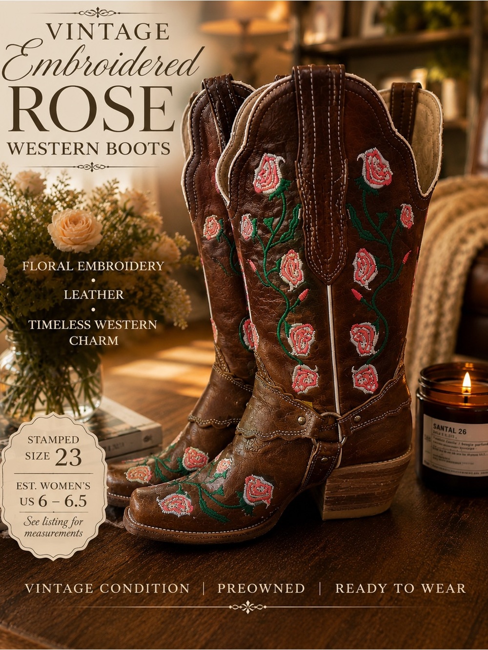 Vintage Embroidered Rose Western Boots - Brown